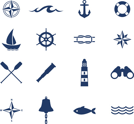 Set of nautical sea ocean sailing icons. Compass anchor wheel bell fish lighthous symbols. Vector illustration.