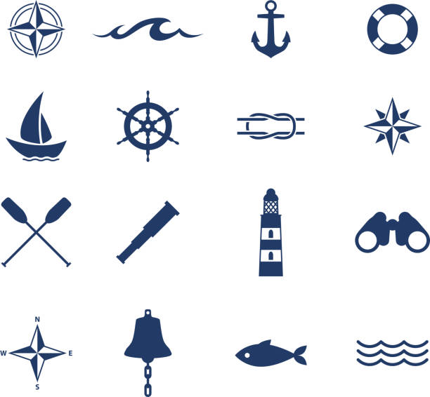 Set of nautical sea ocean sailing icons Set of nautical sea ocean sailing icons. Compass anchor wheel bell fish lighthous symbols. Vector illustration. wave water silhouettes stock illustrations