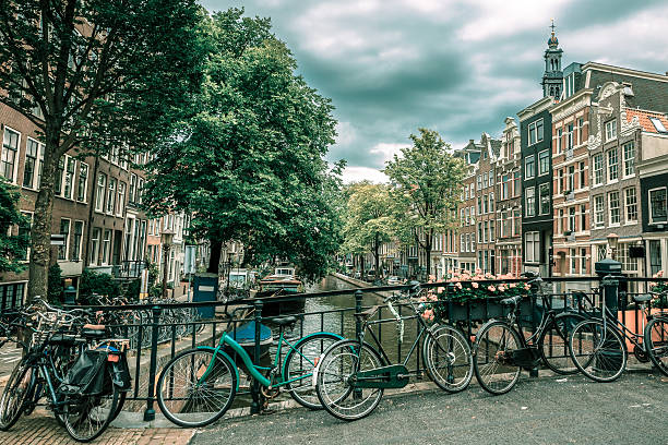 istock Amsterdam canal and bridge with bikes, Holland 481912332