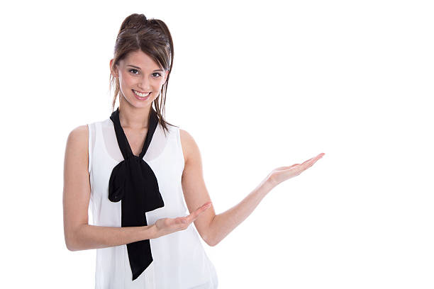 istock Isolated young elegant woman presenting with her hands. 481912743
