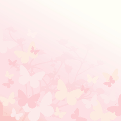 Vector illustration of minimalistic abstract background with pink and beige butterflies and floral silhouettes.