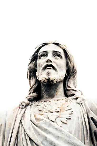 Photo of Statue of Jesus Christ against white background, copy space