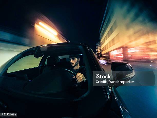 Crazy Ride On The Night By Car Stock Photo - Download Image Now - Drive - Ball Sports, Driving, Men