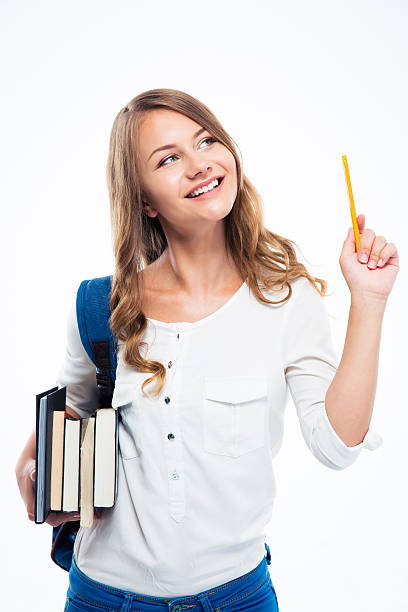 istock Girl with backpack holding books and pencil 481924716