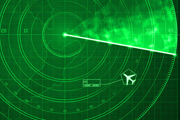 Commercial jet aircraft on green digital radar with coordinates Commercial jet aircraft icon identified and labeled on a flight simulator radar with green display, showing a glowing grid with coordinates and positioning numbers. Scanner axis is visible while spinning around the center. Airplane is targeted and identified with symbols and data. Copy space. air traffic control operator stock illustrations