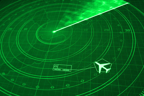 Airplane flight simulator on green radar display with coordinates Commercial airplane icon locked on a radar simulation with green display, showing a glowing grid with digital coordinates and positioning numbers. Scanner axis is visible while spinning around the center. Jetliner is targeted and identified with symbols and numbers. Diminishing perspective with selective focus. radar stock illustrations