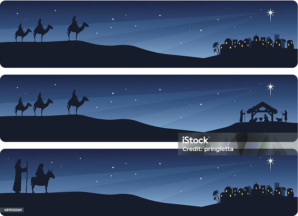 Nativity Banners Wise men and Mary and Joseph journeying to Bethlehem. Three Wise Men stock vector
