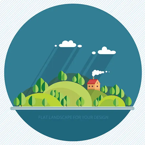 Vector illustration of beautiful house on the hill among trees, beautiful views. Flat