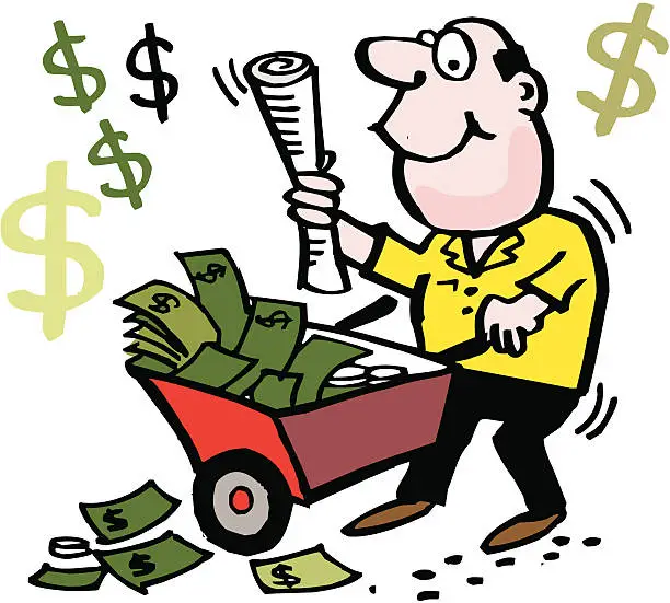 Vector illustration of Vector cartoon of man with wheelbarrow full of money