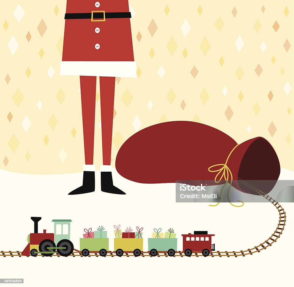 Père Noël avec le sac de cadeaux et du train miniature - clipart vectoriel de Train libre de droits