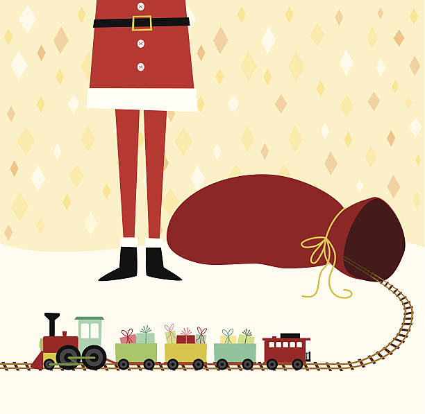 Santa Claus with gift sack and toy train vector art illustration