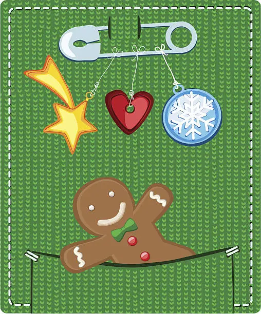 Vector illustration of Gingerbread Man In Knitted Pocket And Accessories