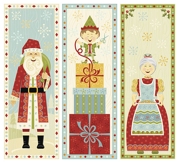 Christmas Banners Santa Claus, Elf Wrapping Gifts, Mrs. Claus with Cookies. Room for your copy. mrs claus stock illustrations