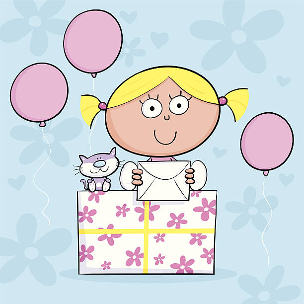 ilustraciones, imágenes clip art, dibujos animados e iconos de stock de chica con presente - invitation birthday card creativity ideas