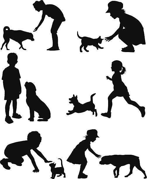 kinder und tiere - tier streicheln stock-grafiken, -clipart, -cartoons und -symbole