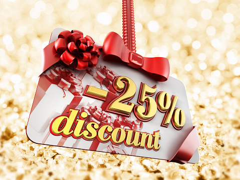 25 percent discount label on gold background.