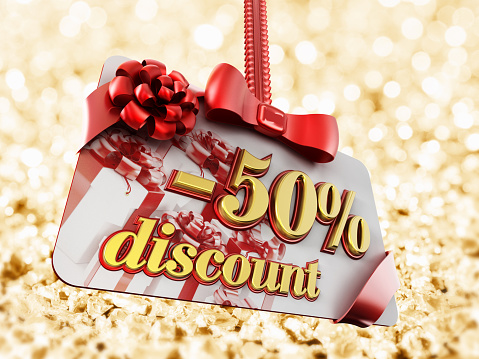 50 percent discount label on gold background.