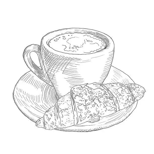 Vector illustration of Hand drawn coffee cup and croissant. Vinage llustration with fil