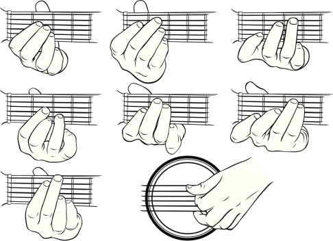 Vector illustrations of guitar chords, A-G, and a strumming hand.