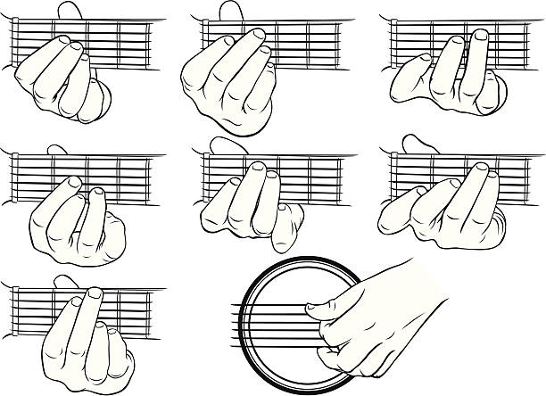 Guitar chords, A-G, and a strumming hand Vector illustrations of guitar chords, A-G, and a strumming hand. chord stock illustrations