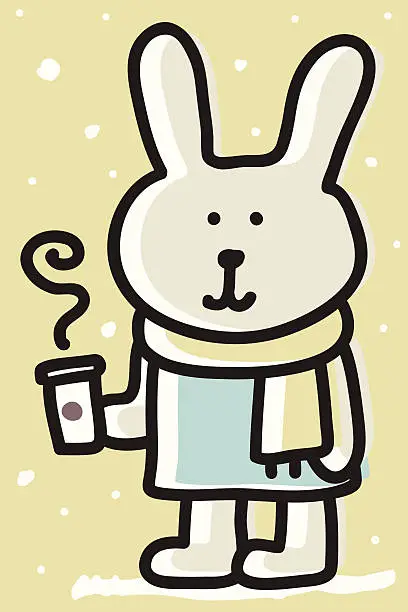 Vector illustration of Cute Bunny holding a coffee cup in winter