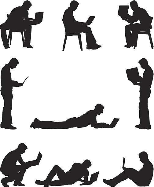 Men working and playing on laptop computers Men working and playing on laptop computershttp://www.twodozendesign.info/i/1.png internet silhouettes stock illustrations