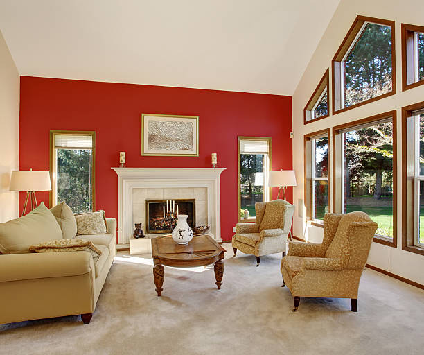 istock Modern living room with bright red wall and nice decor. 481930314