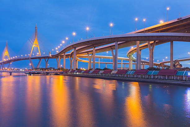 la curva de la ciudad y del puente colgante con agua vista de frente - photography suspension bridge water night fotografías e imágenes de stock