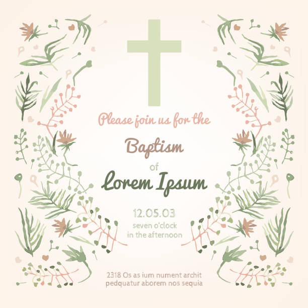 Baptism invitation card Beautiful Baptism invitation card with floral hand drawn watercolor elements. Cute and romantic vintage style. Vector image in light  pink and green colors. communion stock illustrations