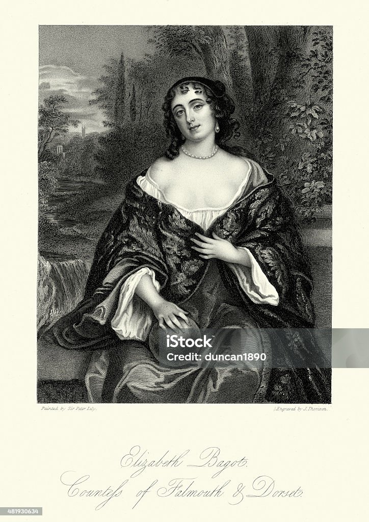 Mary Bagots, Countess of Falmouth and Dorset Vintage engraving of Mary Bagots, Countess of Falmouth and Dorset, after an original painting by Sir Peter Lely. Her portrait by Lely was erroneously named Elizabeth, Countess of Falmouth. 17th Century stock illustration