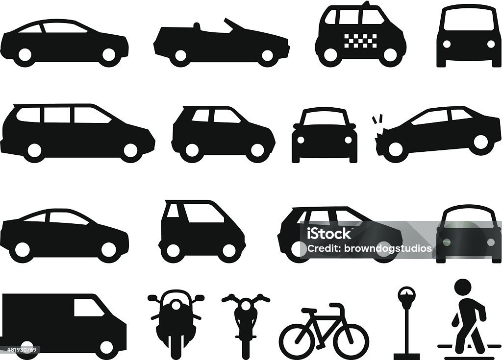 Transportation Icons - Black Series Illustration of cars, automobiles and motorcycles. Also includes taxi, bicycle, pedestrian and parking meter. Vector icons for video, mobile apps, Web sites and print projects. See more in this series. Car stock vector