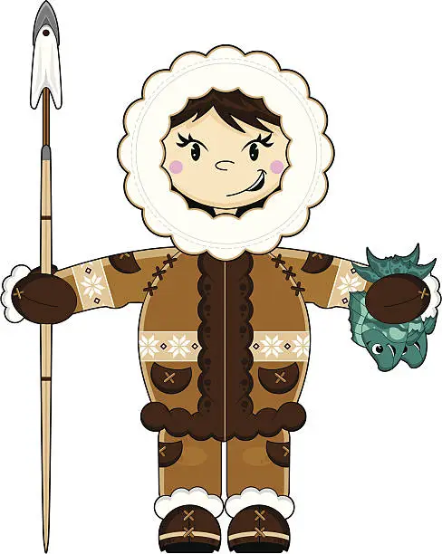 Vector illustration of Cute Eskimo with Spear and Fish