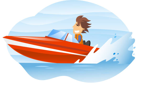 Speedboat cartoon illustration of a man driving an speedboat. punting stock illustrations