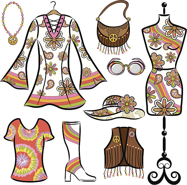 Vintage 1960's Clothing Set Hippie Mod Set includes: Bell Sleeve Dress,  love beads with peace symbol, leather purse, mannequin, sunglass, floppy hat, tie dye t-shirt, go go boots, vest with fringe and buttons. 60s style dresses stock illustrations