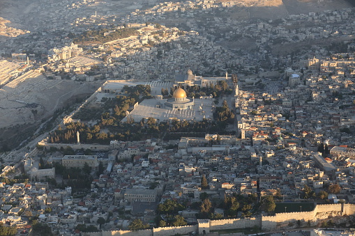 Aerial view of Jerusalem Israel. The Dome of the Rock mosque and the Old City.