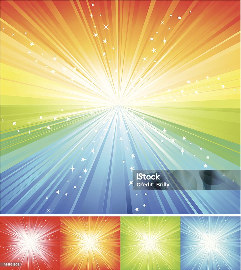 Multicolored Star burst Four different color options included. stars are in separate layer. Backgrounds stock vector