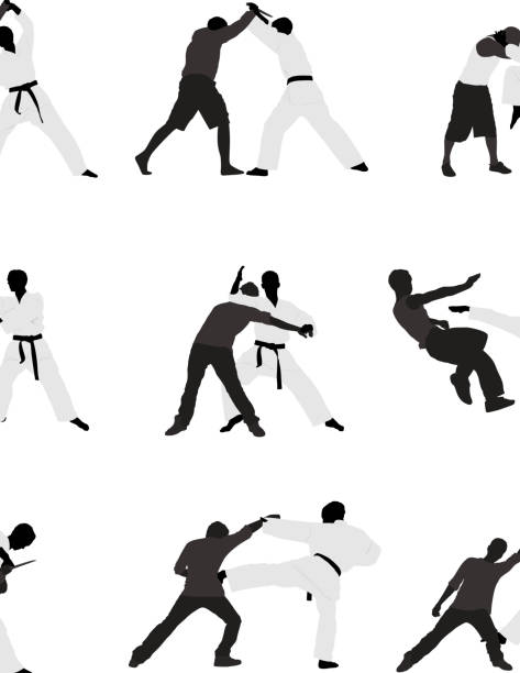 ilustrações de stock, clip art, desenhos animados e ícones de artes marciais - karate kickboxing martial arts silhouette