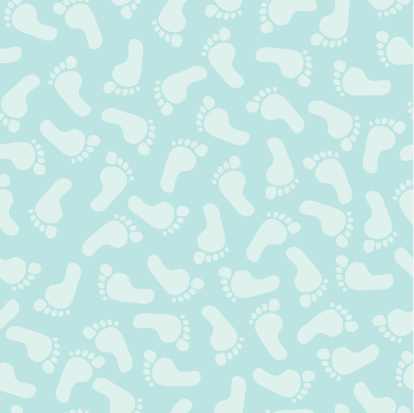 A vector illustration of a seamless pattern of blue baby footprints. Objects are grouped and layered for easy editing. Files included: AICS5, EPS8 and Large High Res JPG.