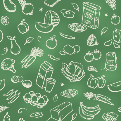 Sketches of healthy food on a blackboard. Will tile endlessly.