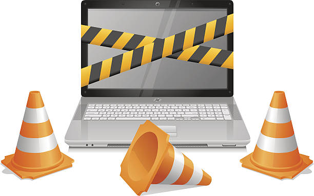 Under Construction Laptop with traffic cones.  traffic cone isolated road warning sign three dimensional shape stock illustrations
