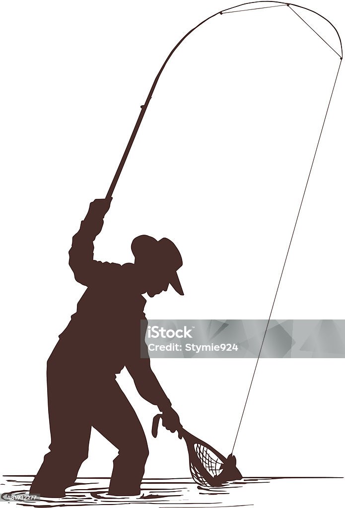 Fisherman Silhouette A simple silhouette of a fisherman netting a trout. In Silhouette stock vector