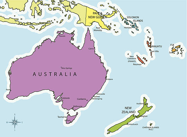 Oceania map countries and cities Vector illustration of Oceania map with countries in different colors. Each country has its capital and major cities. Global colors used. Additional files included  new zealand australia cartography western australia stock illustrations