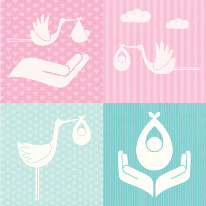 Set of baby and stork icons on textured backgrounds