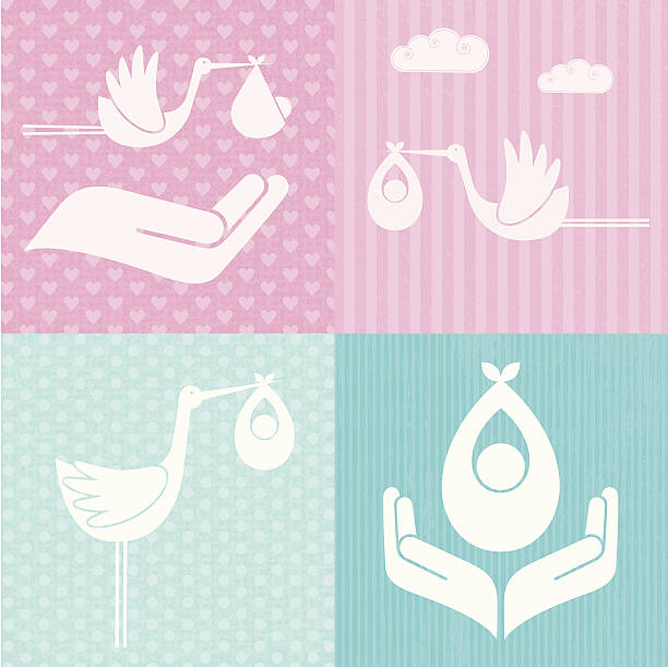 Baby and Stork Icons (Family LIfe Series) Set of baby and stork icons on textured backgrounds pregnant patterns stock illustrations