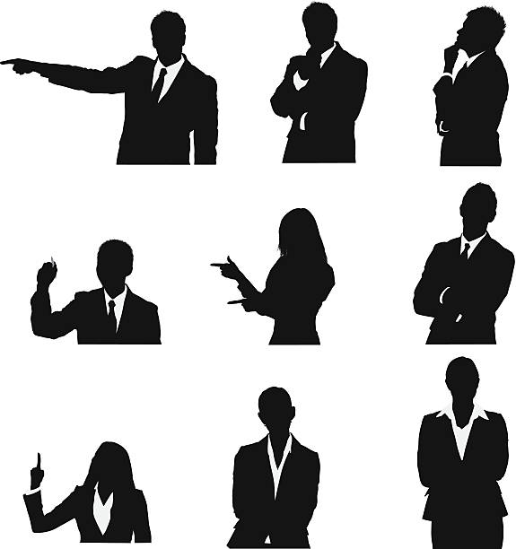 Business executives in different poses Business executives in different poseshttp://www.twodozendesign.info/i/1.png man presenting white background stock illustrations