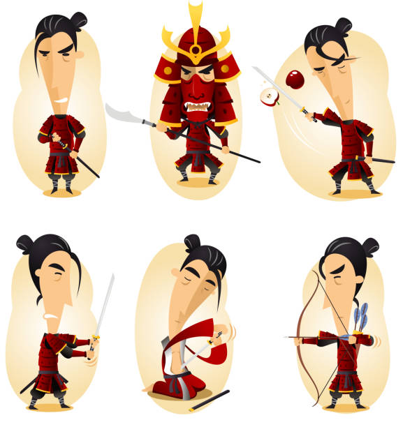 Samurai action set cartoon Samurai action set. harakiri stock illustrations