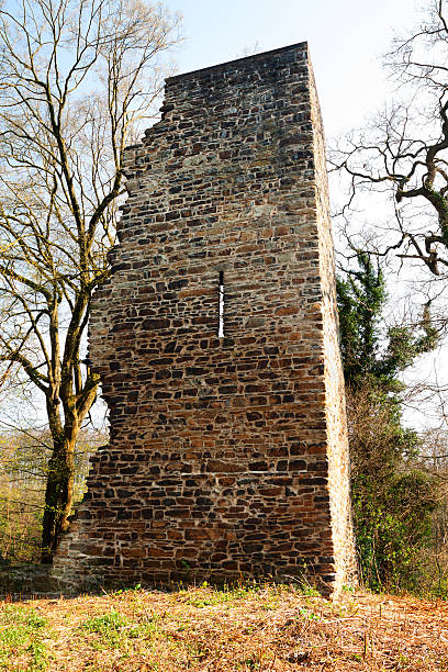 Essen, Germany - March, 27th 2014: Ruin of castle Luttelnau, small rest of castle from medieval times seated at riverside of river Ruhr in Essen Kettwig. Two remaining walls of edge.