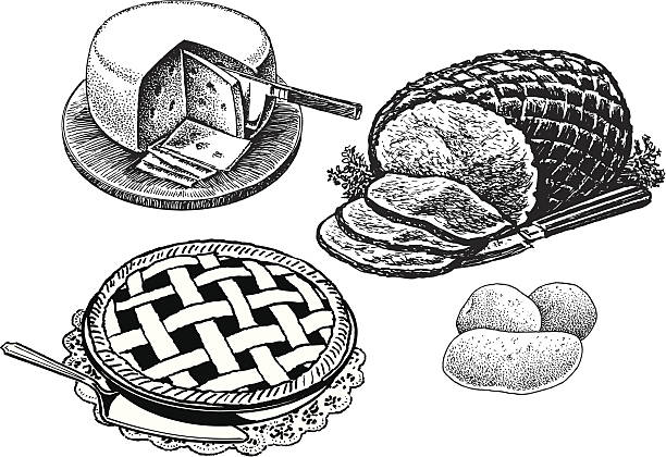 illustrazioni stock, clip art, cartoni animati e icone di tendenza di cena-formaggio, fette di prosciutto, torta, patate, cibo natalizio - baked potato