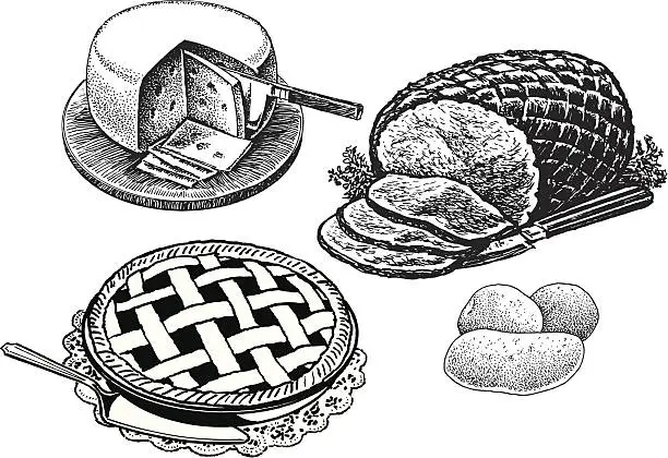 Vector illustration of Dinner - Cheese, Sliced Ham, Pie, Potatoes, Holiday Food