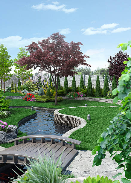Decorative garden landscaping in scenery style, 3D render
